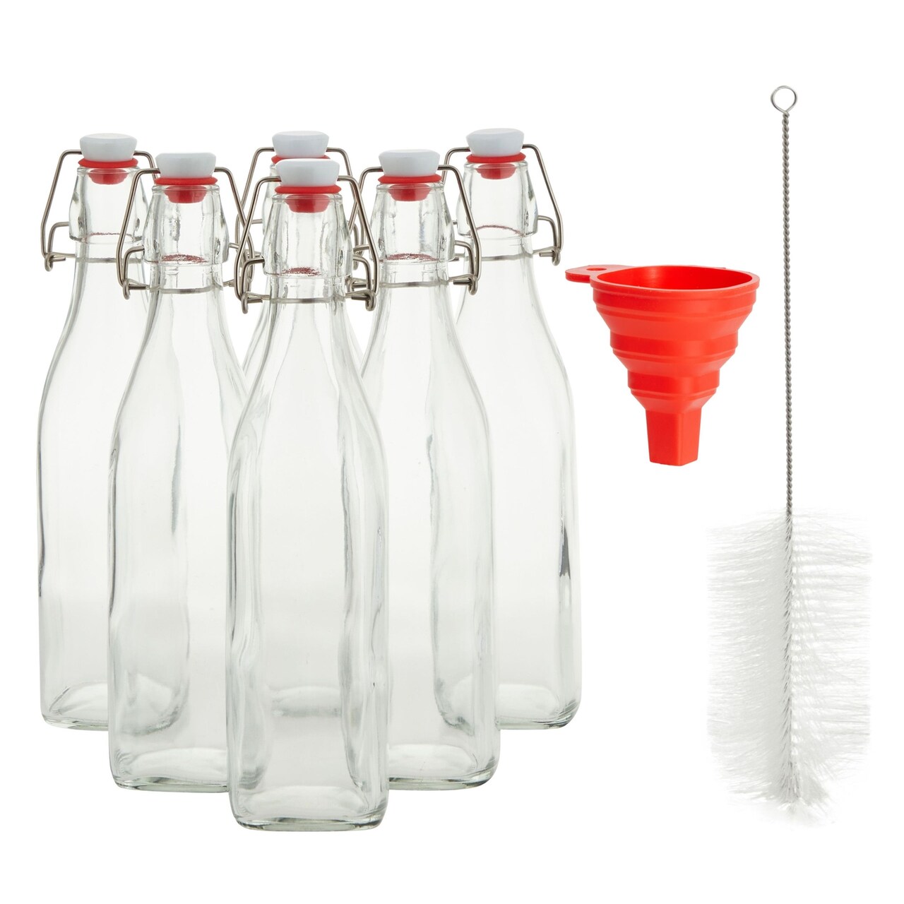 6 Pack 16 oz Glass Bottles with Swing Top Lids and Square Base, Includes Brush and Funnel for Homemade Brewing